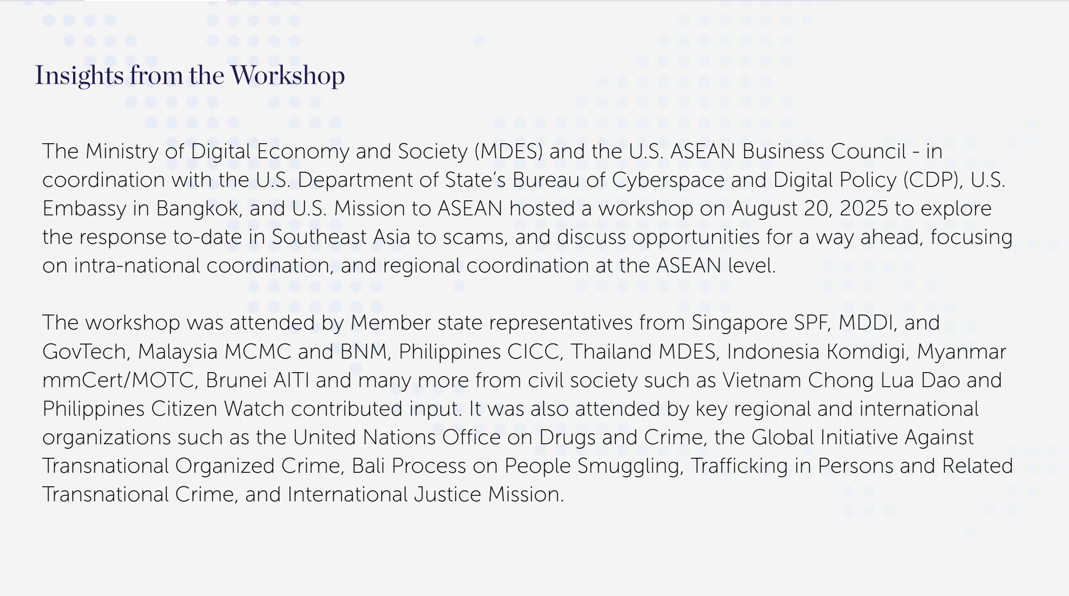 Hướng tới phản ứng chung của ASEAN trước nạn lừa đảo: Chống Lừa Đảo đóng góp vào báo cáo chính sách khu vực